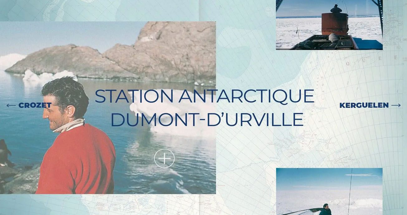 Illustration of the Dumont D’Urville Antarctic research station, featuring archived topographical maps and historical records.